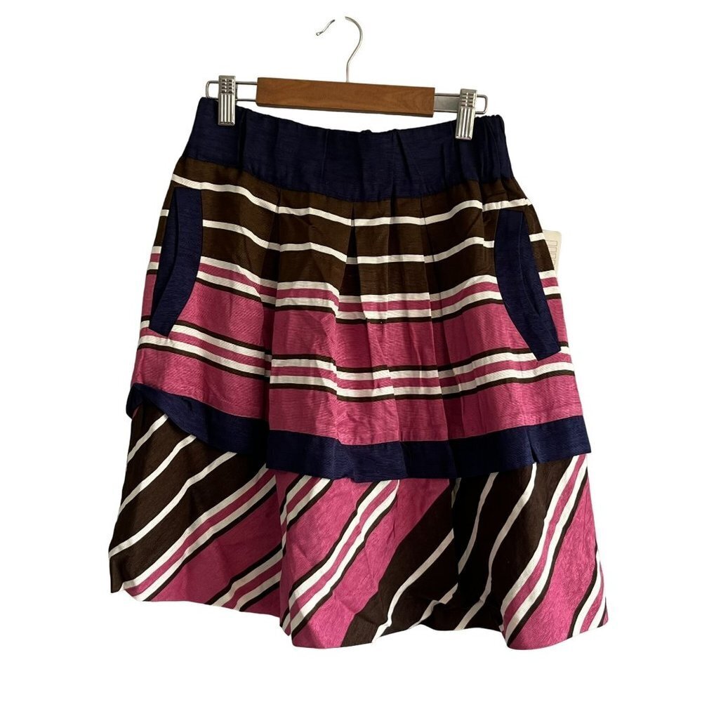Maeve Anthropologie Ellery Striped Tiered Mini Skirt Pleated Pink Navy Sz 0 NWT